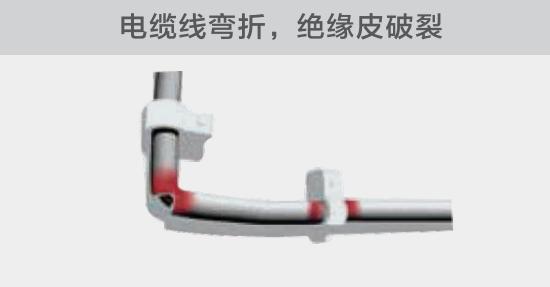 在安裝過程中，由于電線的彎曲半徑過小，或是線夾過緊，導致線纜絕緣皮破裂，產(chǎn)生電弧隱患